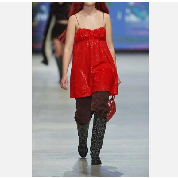 Ganni Ruffle Trim Red Sequin Babydoll Mini Dress - Picture 3 of 4